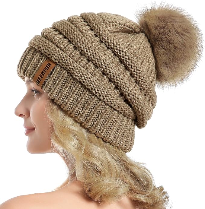 QUEENFUR Women Knit Slouchy Beanie Chunky Baggy Hat with Faux Fur Pompom Winter Soft Warm Ski Cap