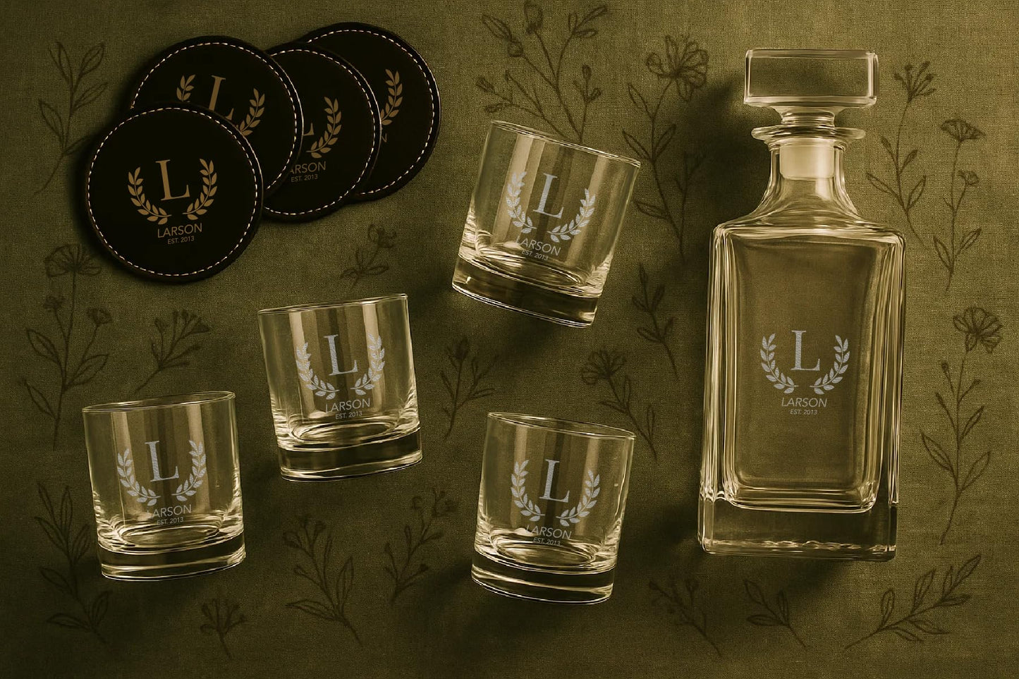 Personalized Whiskey Decanter & Glassware Gift Set – Custom Monogram Decanter with Rocks Glasses & Coasters – Premium Lead-Free Glass – Gift for Men, Groomsmen, Father’s Day, Retirement