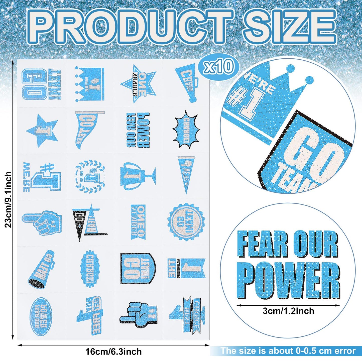 Landhoow 240 Pcs Light Blue Team Spirit Tattoos Temporary Glitter Go Team Tattoos Football Temporary Stickers Party Costume Acce