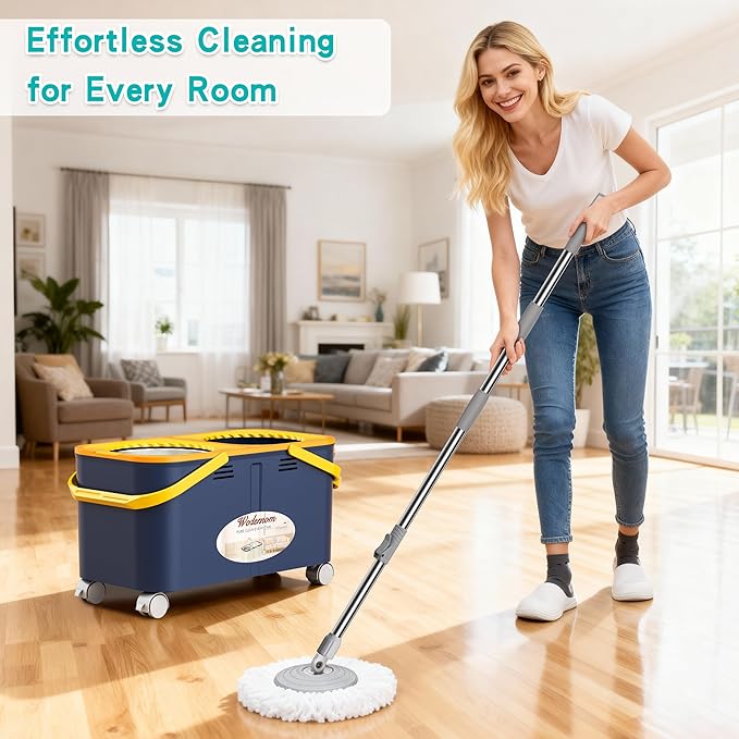 2025 Upgraded Gen 1 Mop and Bucket with 360° Swivel Wheels for Easy Rolling, Clean & Dirty Water Separation, Hands-Free Wringer, 6 Microfiber Mop Heads for Wood, Tile, and Floor Cleaning – Blue/Yellow