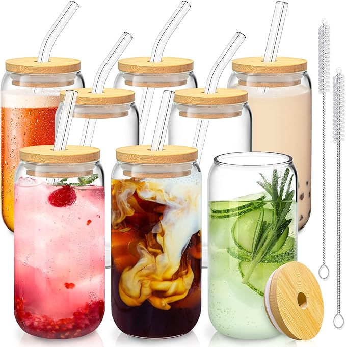 SENTVEND 16 Oz Drinking Glasses with Bamboo Lids and Glass Straw - 8 Pcs Glass Cups Beer Ice Coffee Glasses Cute Aesthetic...