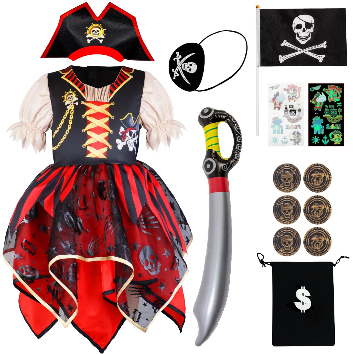 IKALI Girls Pirate Costume with Hat Accessories, Buccaneer Princess Fancy Dress Outfit for Kids 4-6 Years Themed Party Role Play