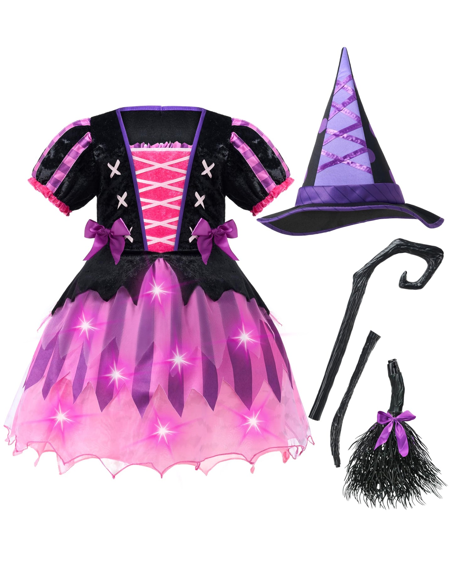 Spooktacular Creations Halloween Child Girls Light Up Pink Witch Costume, Toddlers Tattered Witch Tutu Dress with Broom and Hat for Kids Halloween Themed Parties (Small (5-7yr))