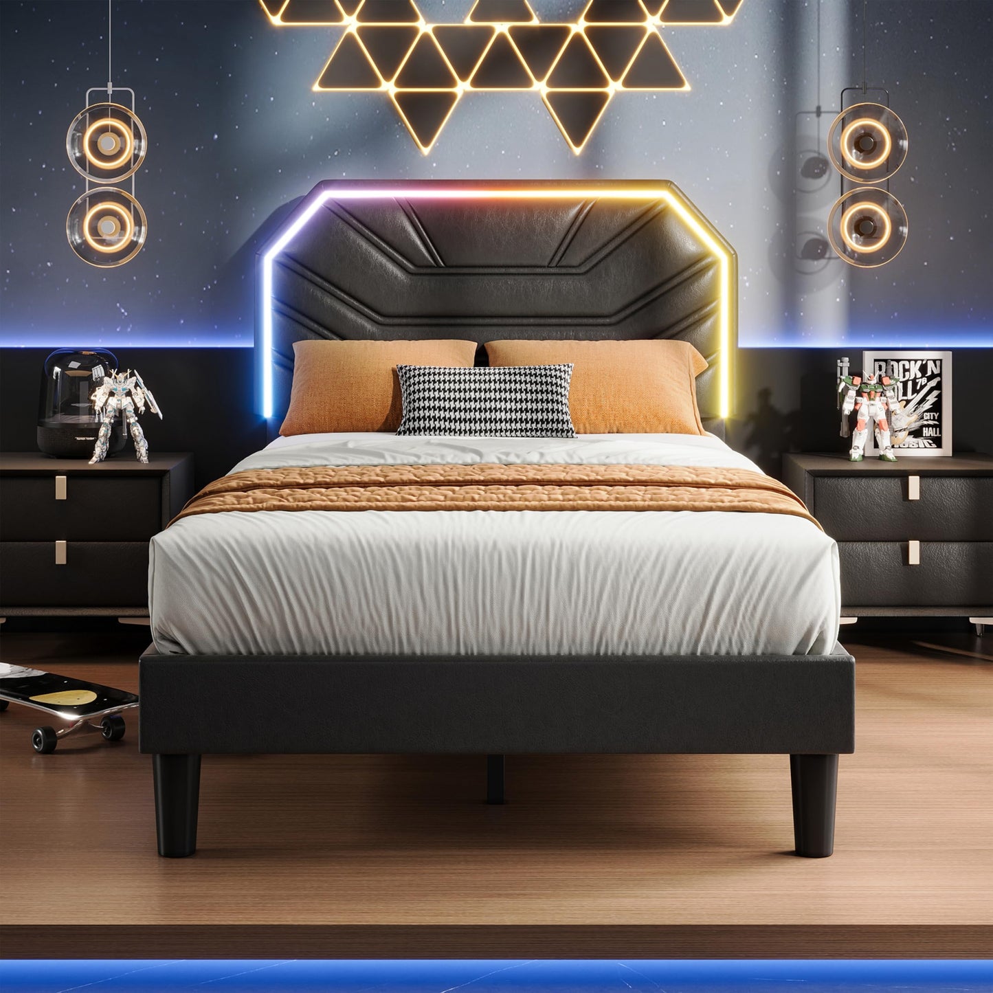 LIKIMIO Twin XL Bed Frames with Lighted Headboard, Upholstered Modern Cama Twin XL Platform Bed with Heavy Duty Supports, No Box Spring Need, Noise Free, Easy Assembly, Black