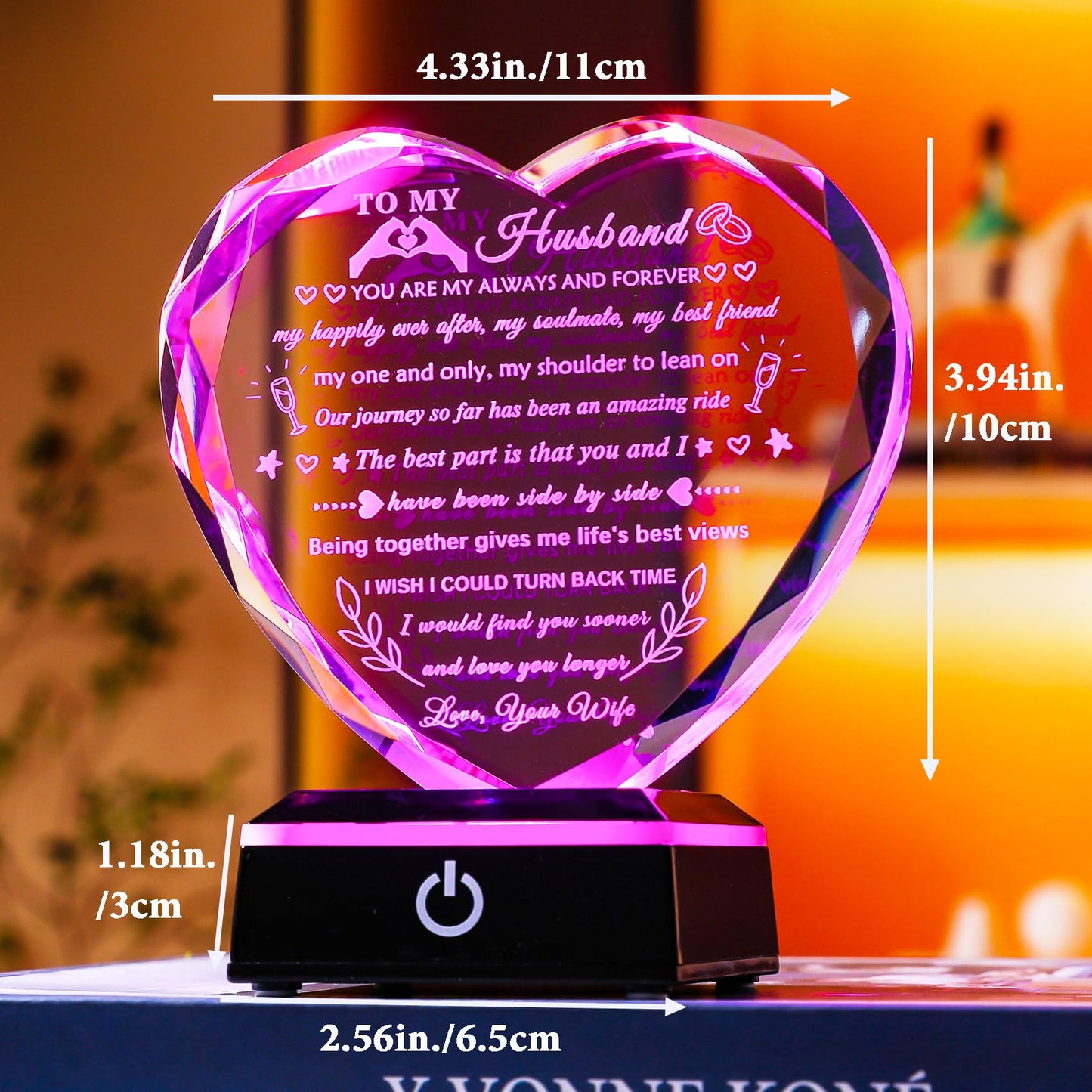 YWHL Gifts for Husband from Wife with Colorful LED Base Anniversary Birthday Gifts for Husband to My Husband Crystal Heart Keepsake I Love You Gifts for Him on Valentine Christmas Fathers Day