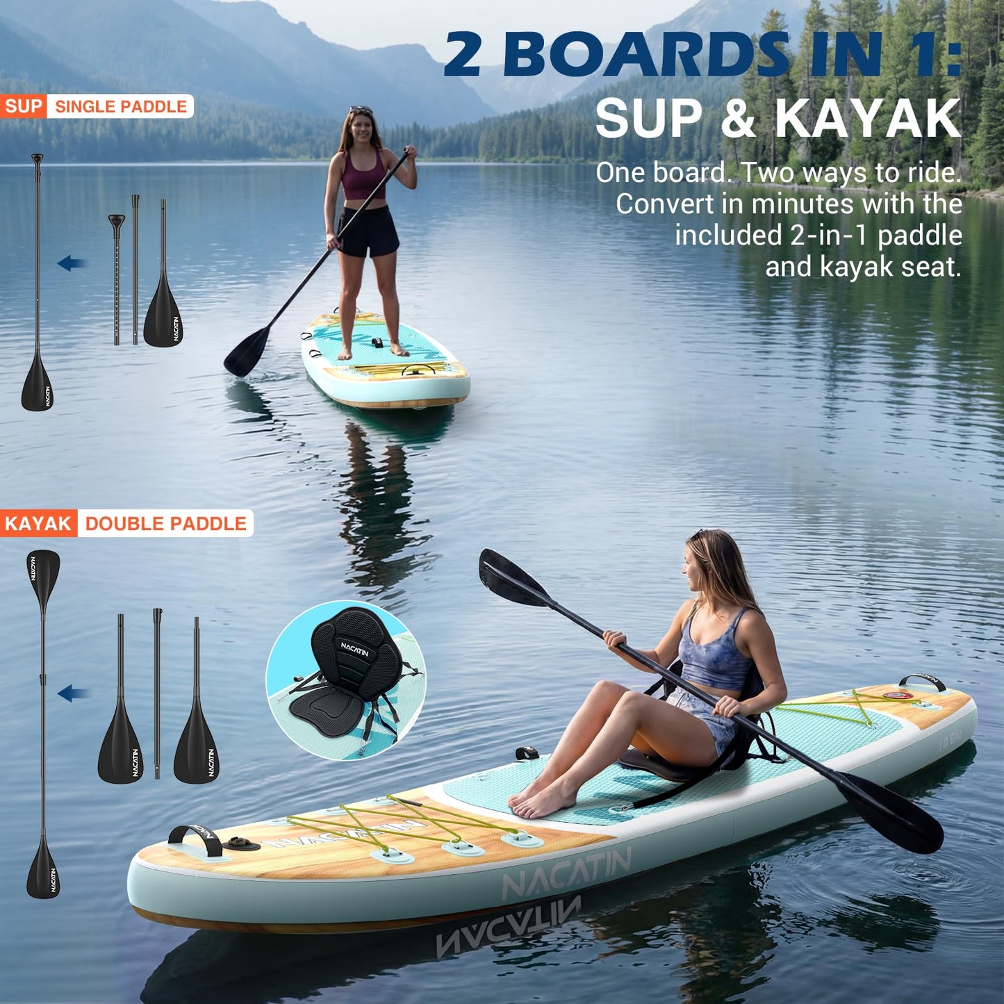 NACATIN Inflatable Stand Up Paddle Board for All Skill Levels, 10'6'' SUP Board for Adults with Non-Slip Deck, Full SUP Accessories & Kayak Seat, Great Stability for Lake, Ocean, Yoga & Fishing