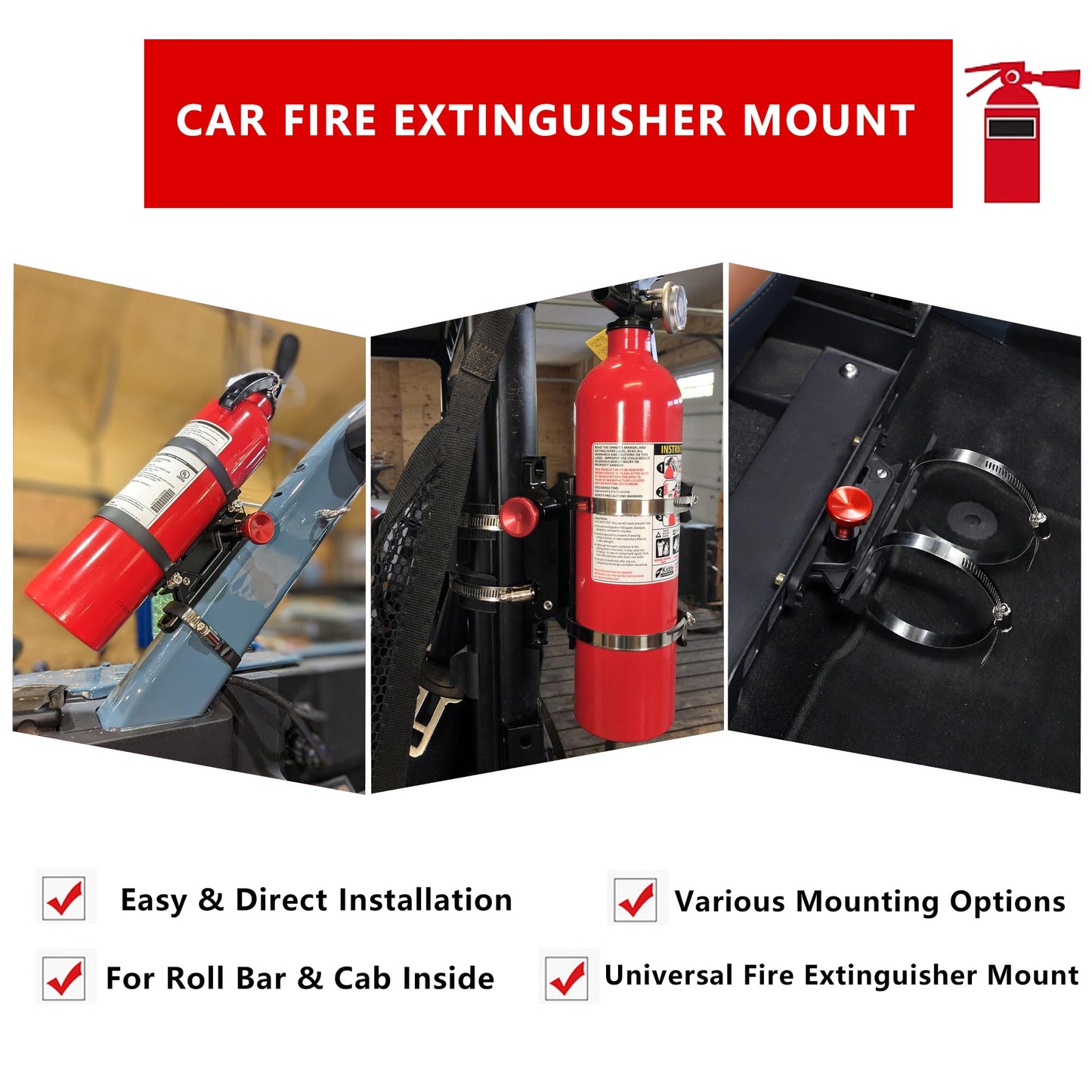 Quick Release Fire Extinguisher Mount - Aluminum Adjustable UTV Roll Bar Fire Extinguisher Holder Mounting Bracket Compatible with Jeep Wrangler TJ JK JL JKU Polaris RZR Ranger Can-Am X3 Universal