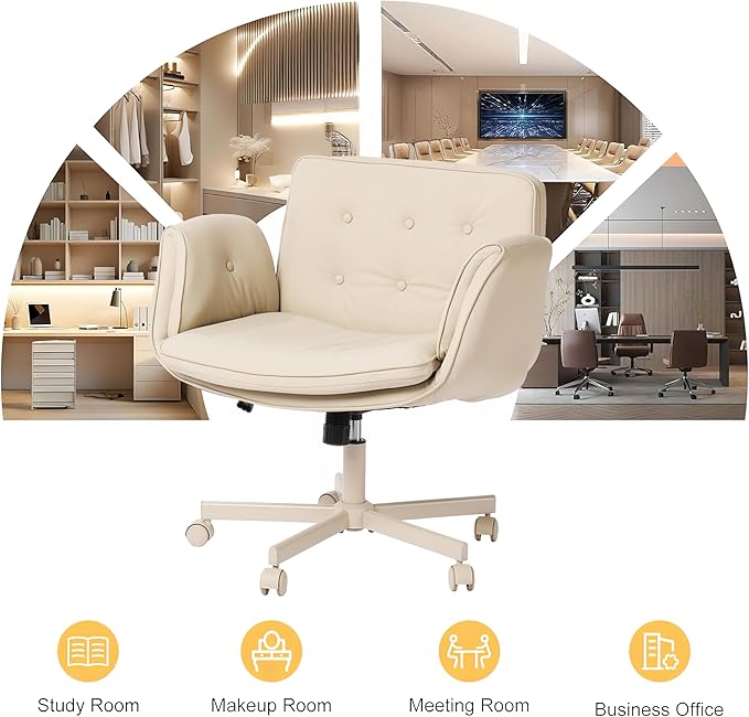 SunSettler Criss Cross Office Chair, PU Leather Gaming Chair with Armrests & Wheels, Comfortable Adjustable Swivel Computer Office Desk Chairs, Vanity Chair for Make Up, Home, Bed Room (White)