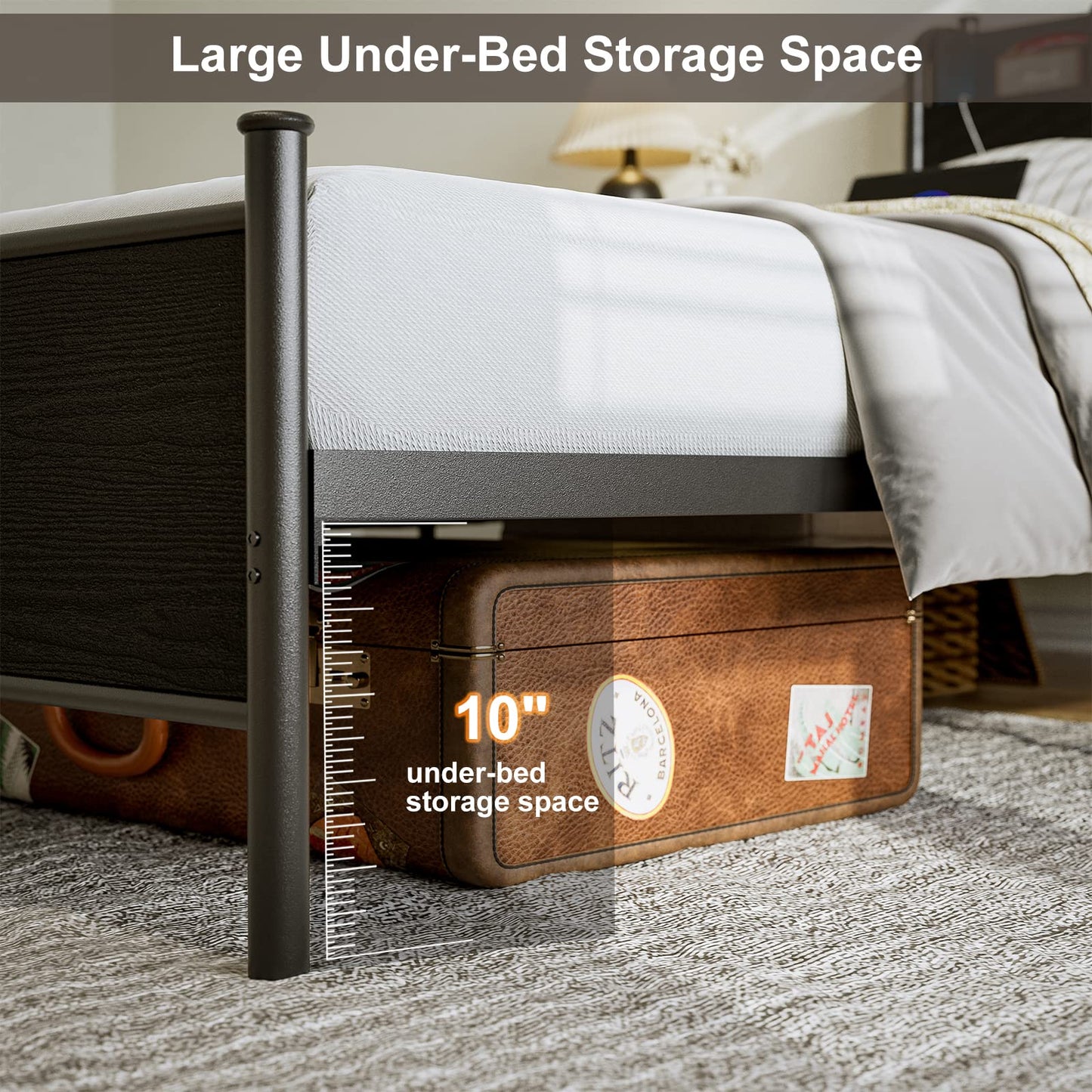 IKIFLY Twin XL Bed Frames with Storage Shelf Headboard & Charging Station, Heavy Duty Metal Twin XL Platform Bed with LED Lights, Under-Bed Storage, No Box Spring Needed, Noise Free, Black