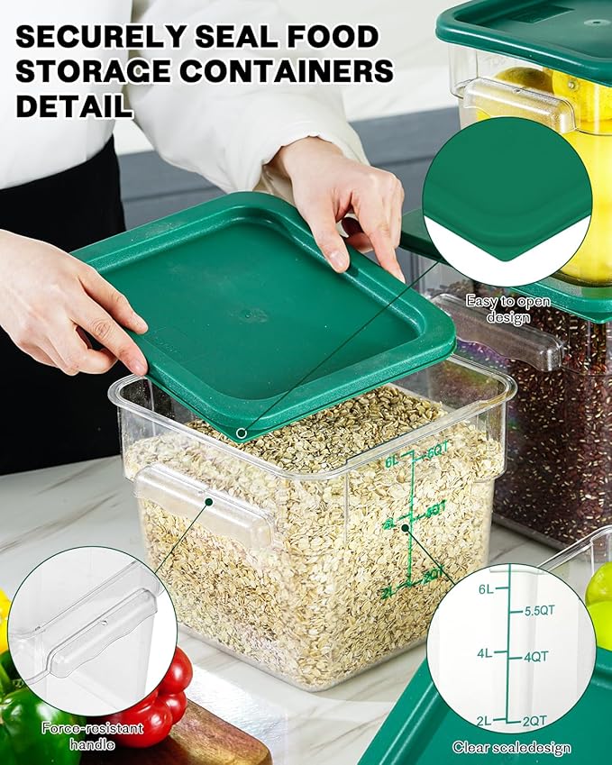 6QT NSF Food Storage Containers with Lids: 4 PCS [Total Food Grade][Hot&Cold Resistant] Commercial Clear Food Storage Containers for Restaurant Kitchen Proof Dough, Measuring Spoons Included(Green)