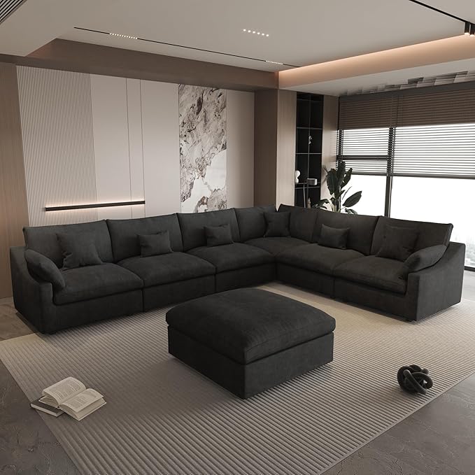 WJShome Cloud Couch for LivingRoom,153" U Shaped Modular Sectional Sofa with Ottoman,Down Filled 7 Seater Convertible Sleeper Sofa Bed Oversized Furniture Sets,Black
