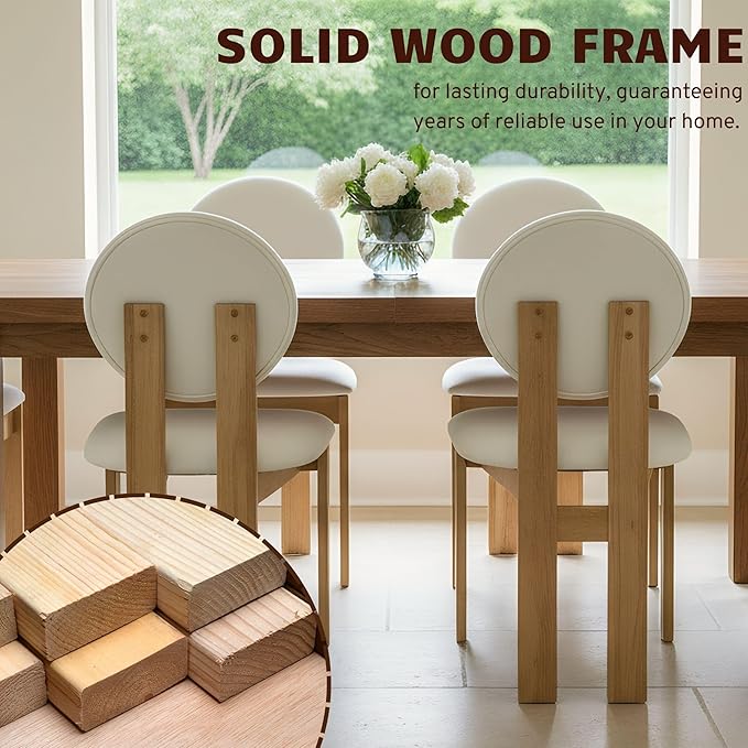 Wahson Modern Wood Dining Chairs Set of 4, Farmhouse Beige Linen Kitchen Chairs with Round Back and Wooden Legs, Mid-Century Armless Upholstered Accent Chairs for Dining Room/Living Room/Restaurant
