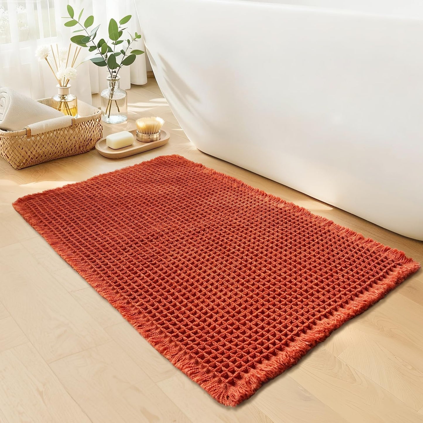 Waffle Bath Mat - Boho Bathroom Rugs Non Slip Washable, Super Absorbent & Quick Dry, Small Bath Mats Farmhouse Bathroom Decor, 18'' x 30'', Dirty Orange