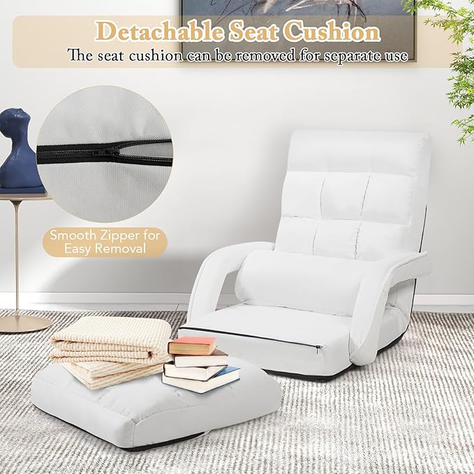 KOMFOTT Foldable Floor Lazy Sofa Chair, Indoor Chaise Lounge Chair with 6 Positions Adjustable Backrest, Detachable Seat Cushion, Armrests & Pillow, Cozy Floor Chair for Living Room, Bedroom (White)
