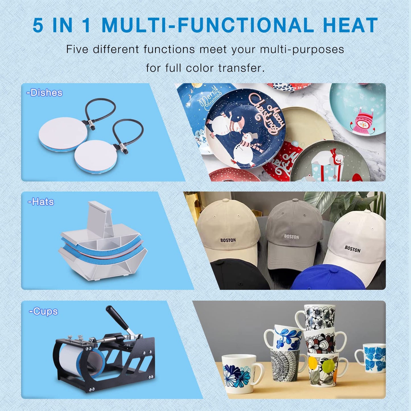 HORGELU Upgraded 5 in 1 Heat Press Machine 15x15 Inch Heat Transfer Machine 360-Degree Swing Away Multifunction Digital Sublimation Combo Heat Press for T Shirt Mug Hat Plate for Commercial Home 110V