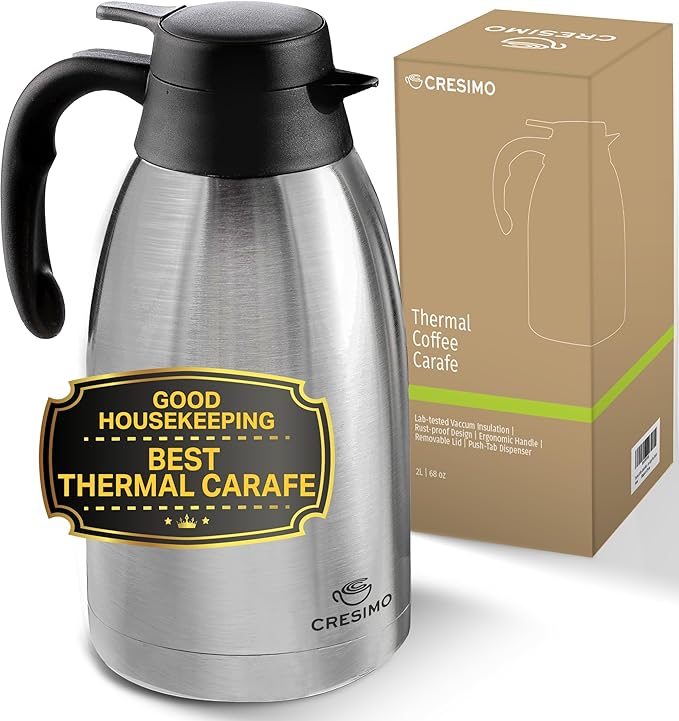 Cresimo Thermal Coffee Carafe 68oz / 2L - 12 Hours Hot Beverage Dispenser, Insulated Stainless Steel Carafe for Liquids, C...
