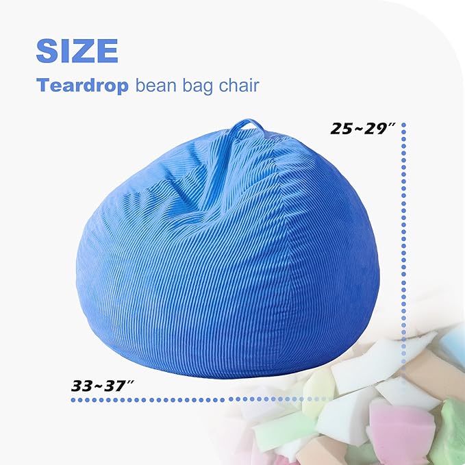 Homguava 3.5FT Bean Bag Chair: Teardrop Bean Bags with Memory Foam Filled, Compact Beanbag Chairs Soft Sofa with Corduroy Cover (Blue)