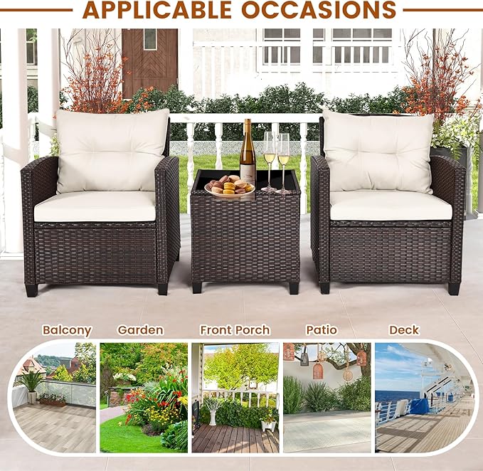 ORALNER 3 Pieces Patio Furniture Set, Outdoor Wicker Conversation Set Rattan Chairs with Cushions, Glass Coffee Table, Bistro Set for Front Porch Balcony Garden Deck Poolside (White)
