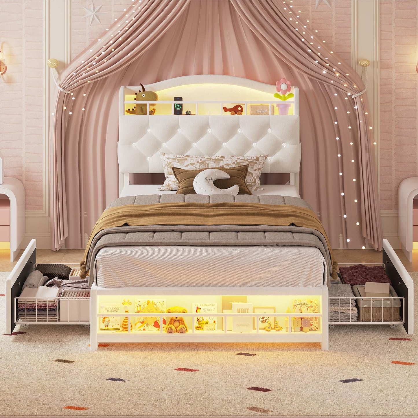HAUOMS Twin Size Bed Frames for Girls, Princess Velvet Upholstered Platform Bed with Led Lights & 2 Drawers, Headboard with Charging Station & Guardrail & Crystal Button, No Box Spring Needed,Beige