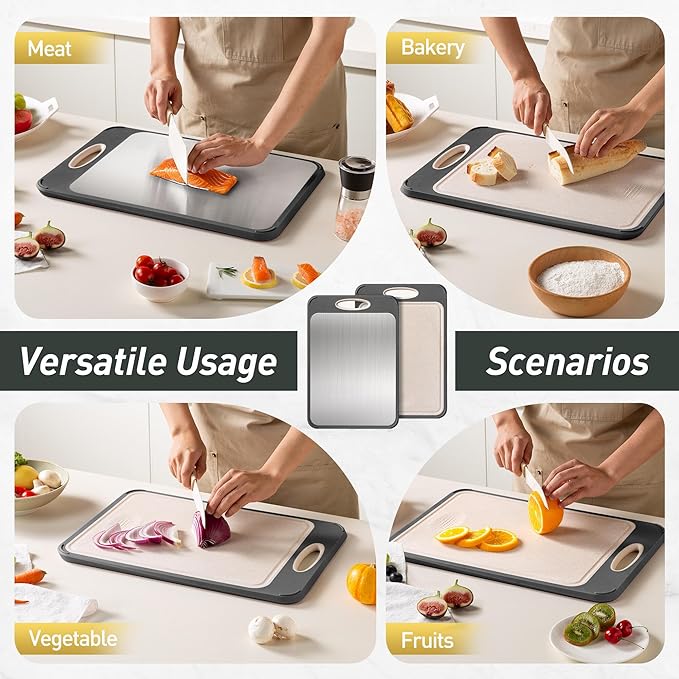 Stainless Steel Cutting Board, Non Toxic Cutting Board for Kitchen Double Sided Food Grade, Chopping Board for Meat/Vegetables, Kitchen Gifts Easy to Clean 2025 New Upgrade Large Size (16"L x 11"W)