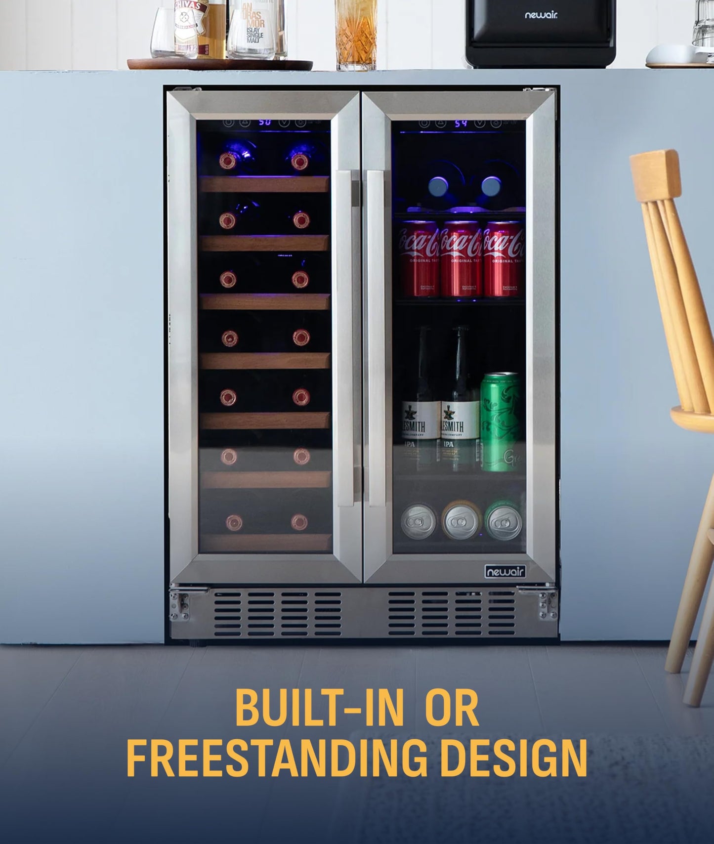 NewAir 24" Dual Zone Beverage Refrigerator & Wine Cooler for 20 Bottles & 78 Cans | Freestanding or Built-In Under Counter Mini Fridge for Beer, Wine and Soda | Stainless Steel