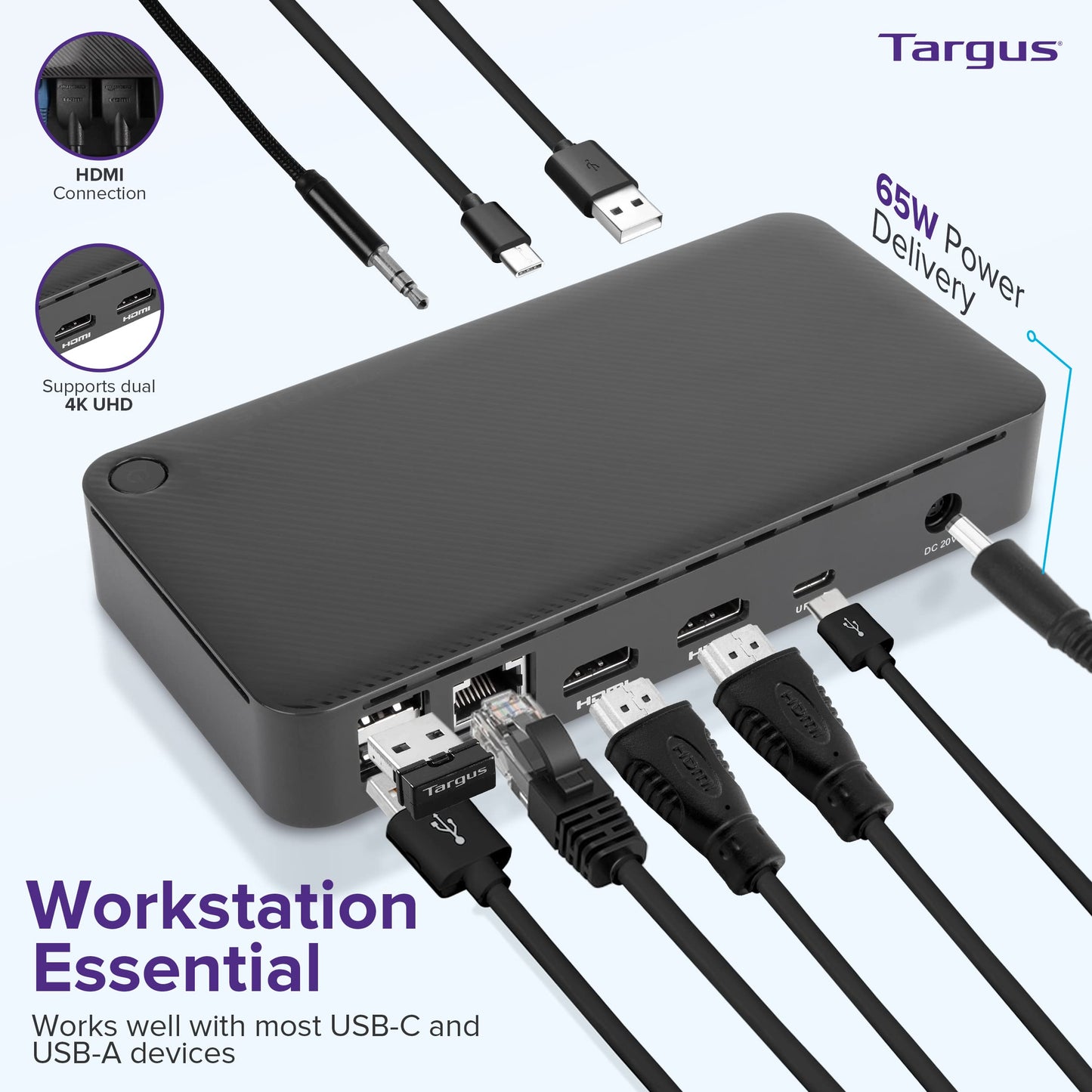 Targus Usb C Docking Station Universal Dv4K, Usb C Laptop Docking Station Dual Monitor 2 Hdmi, 65W Power Delivery, Displaylink W