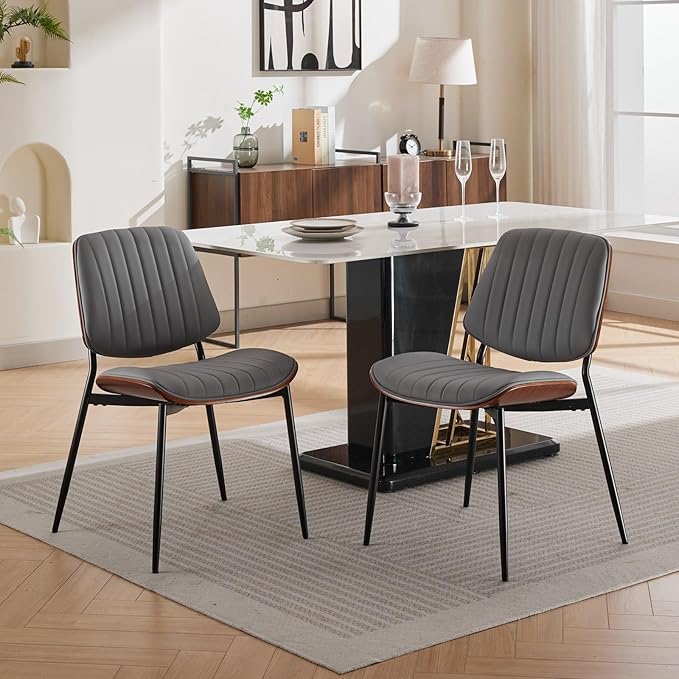 YaFiti Dining Chairs Set of 2, Mid Century Modern Accent Dining Room and Kitchen Chairs, Upholstered PU Leather Vertical Stripe Chairs for Vanity with Walnut Bentwood and Metal Legs, Gray
