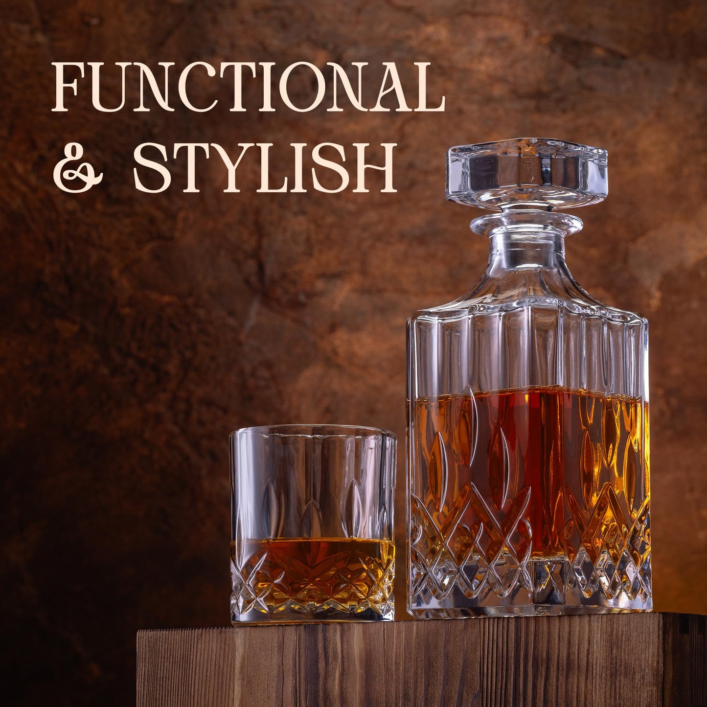 MIXOLOGY & CRAFT Whiskey Decanter Gift Set – 10oz Crystal Whiskey Glasses, Wood Stand & 6 Granite Whiskey Stones – Premium Rocks Glasses Barware Gift for Any Occasion