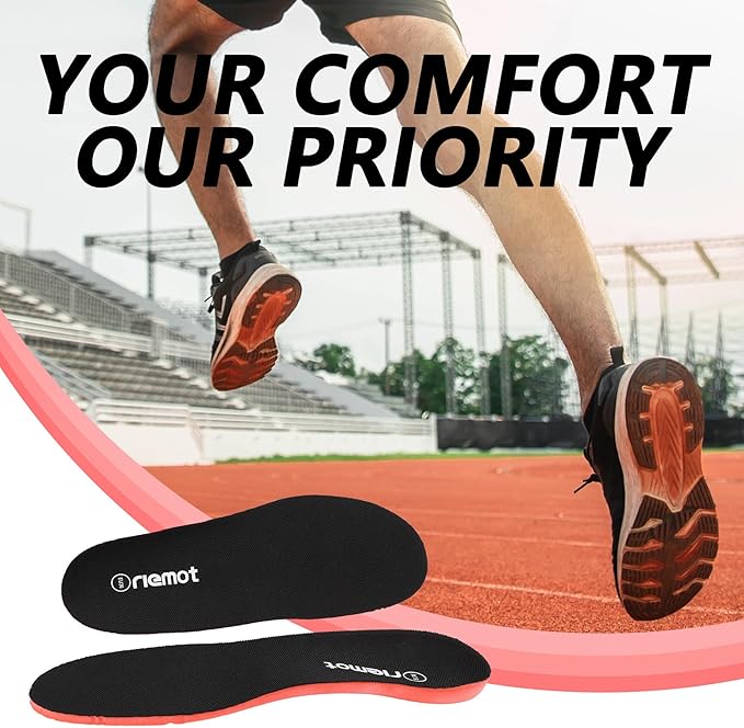riemot 2 Pairs Fitness Running Insoles for Men Comfortable Arch Support Inserts Plantar Fasciitis Relief Insole Cushioning Athletic Gel Insert for Sneakers,Hiking Shoes Black US10/ EU43