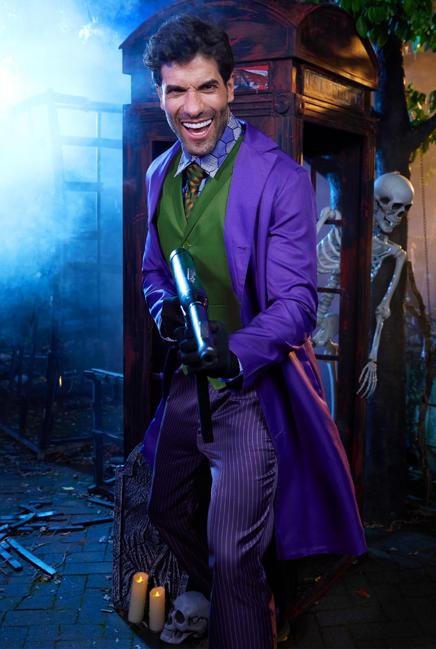 Mainfini Man Joker Costumes Halloween Theme Party Funny Classic Dark Horror Knight Movie Cosplay Regular Fit Novelty Purper Graphic Shirt Green Vest Tie Suit Outfit Adult 3 Piece Set XL