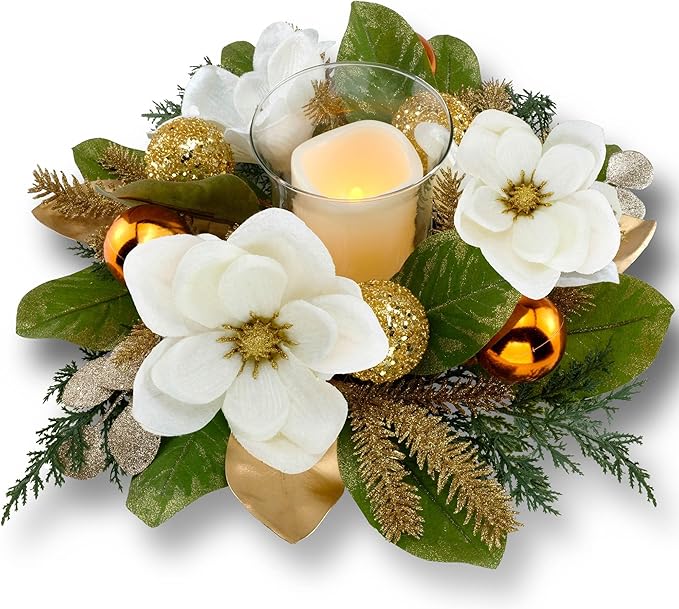 18" Centerpiece with Flameless LED Candle Holder, Design with White Artificial Magnolia, Gold Baubles & Spruce Branches fo...