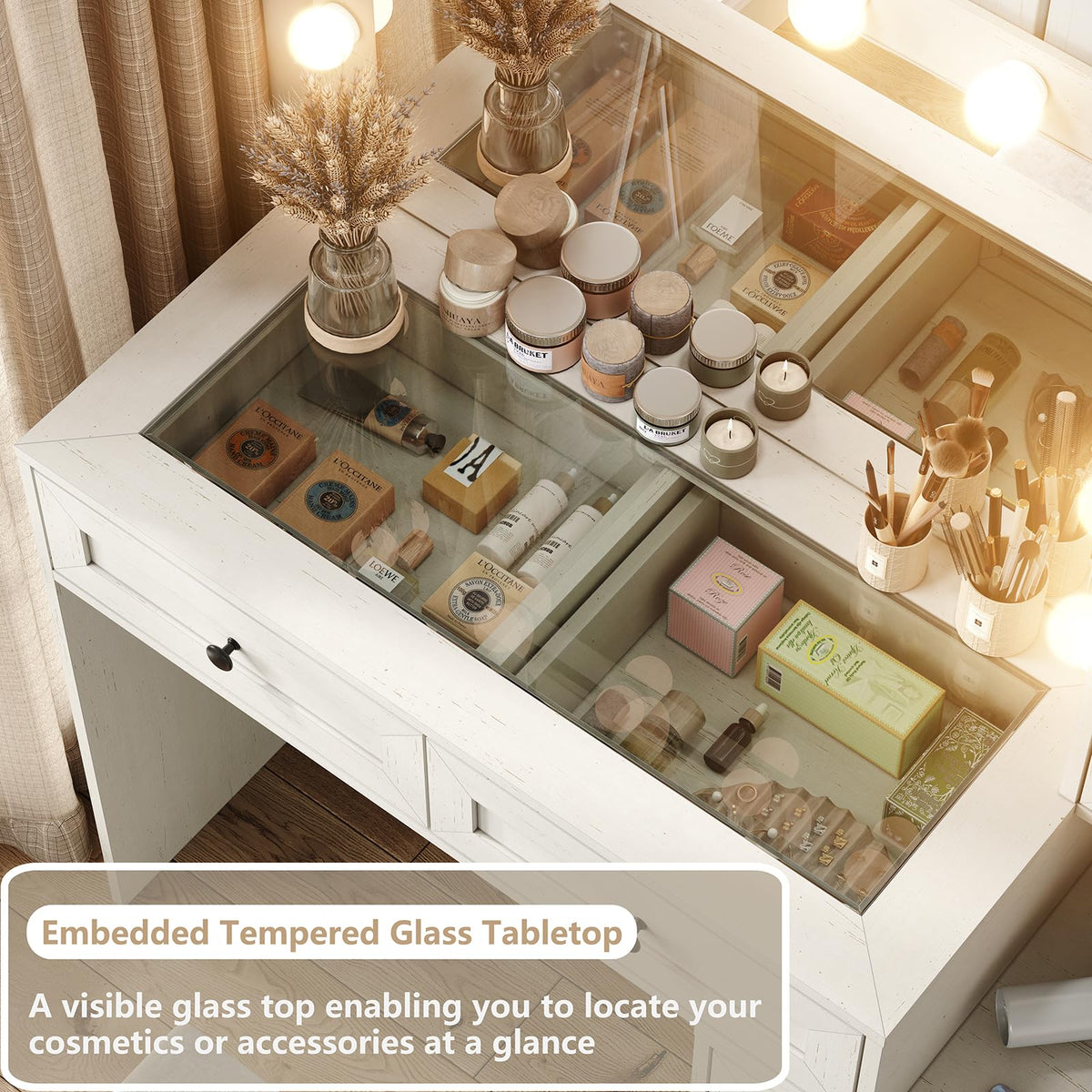 Diwnnue Large Farmhouse Mirror Vanity Desk with LED Bulbs White Makeup Table Set Glass Tabletop for Bedroom Charging Station & Power Outlet Adjustable Light Mode