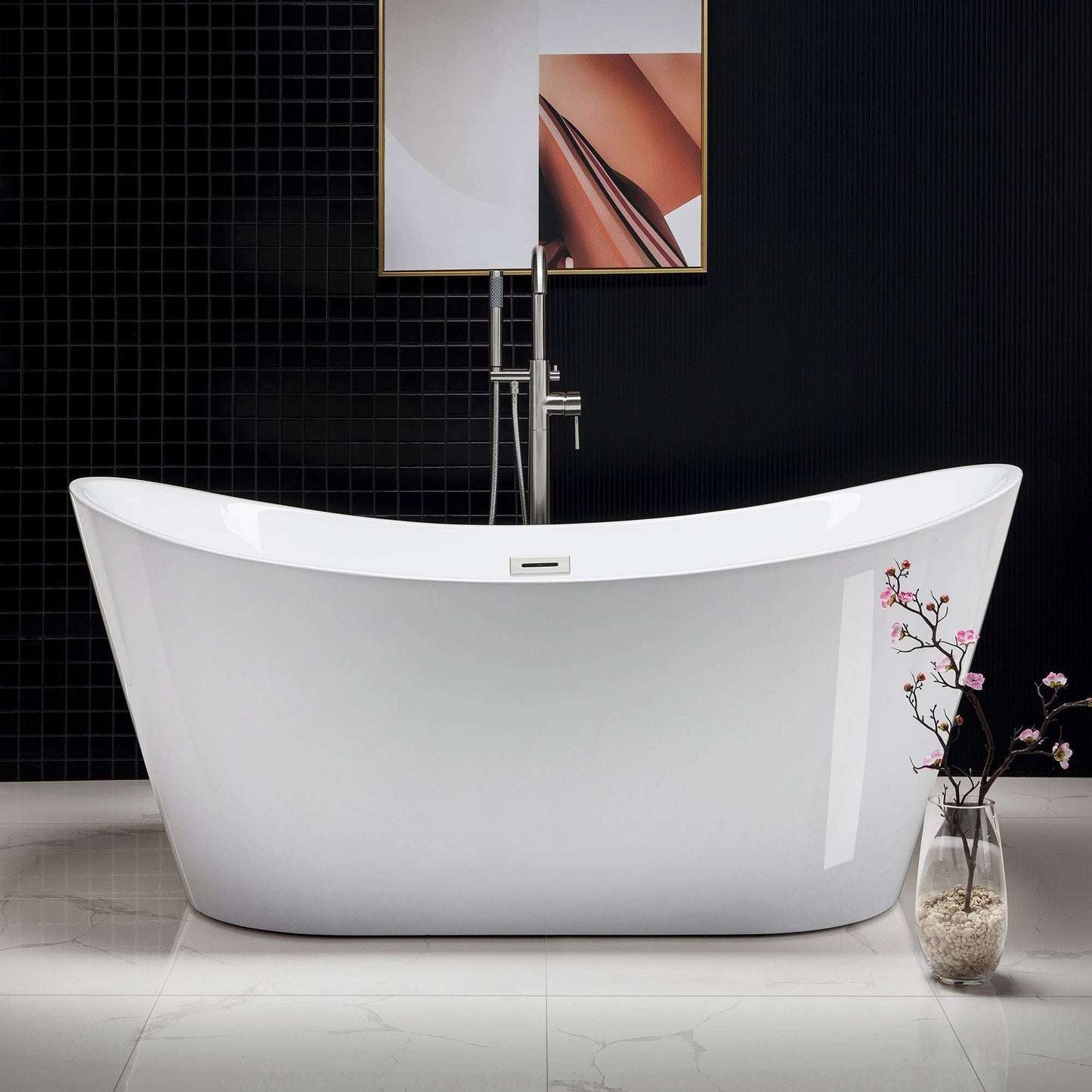WOODBRIDGE 67" Acrylic Freestanding Bathtub Contemporary Soaking Tub, White Acrylic (Brushed Nickel Drain/Overflow),B-0010 B/N-Drain &O