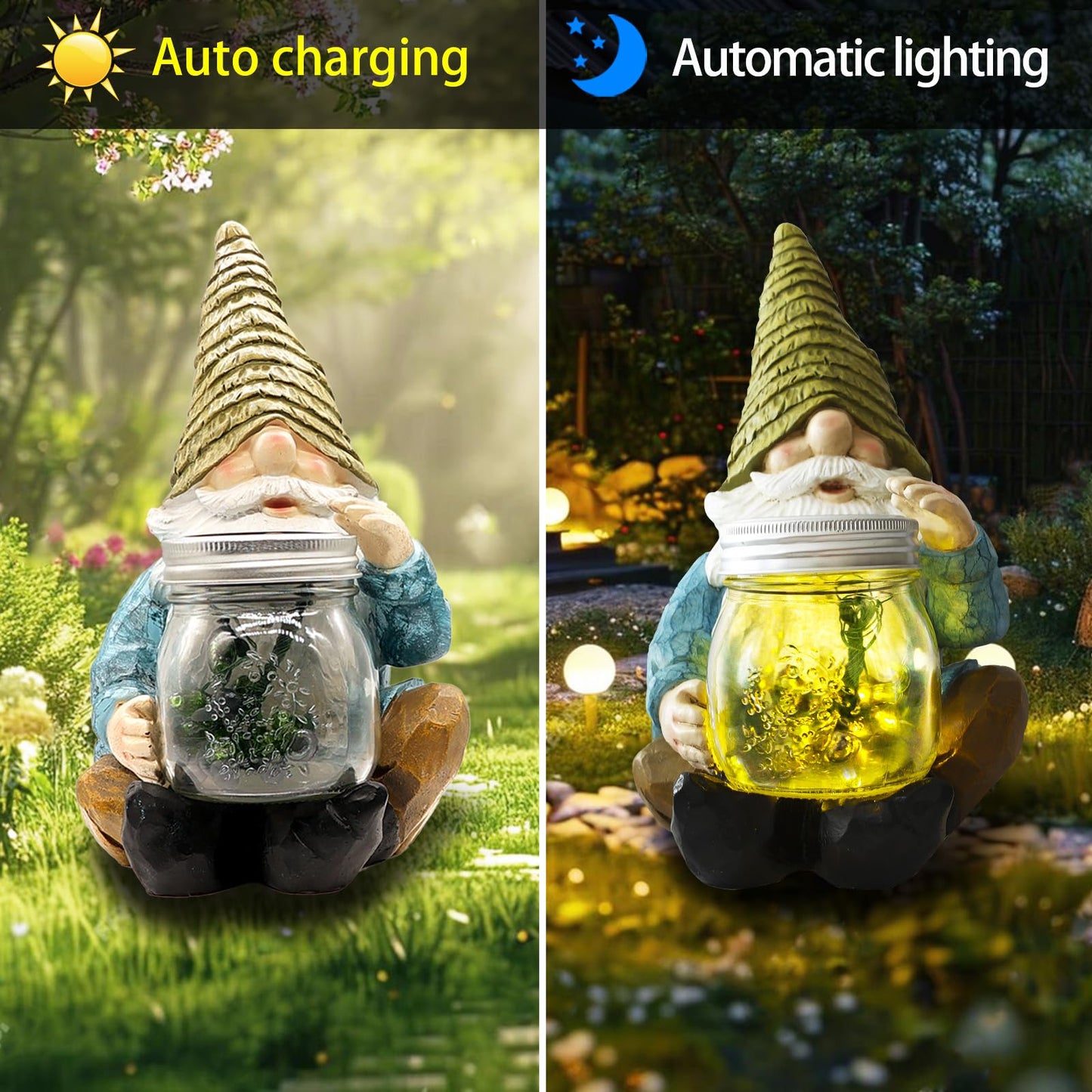 Vcdsoy Solar Firefly Jar Gnome Waterproof- Large Garden Gnome Funny Solar Outdoor LED Lights Resin Statues 10.6" Lantern Figurines Decorations Birthday Gifts for Mom Women - Unique Housewarming Gifts