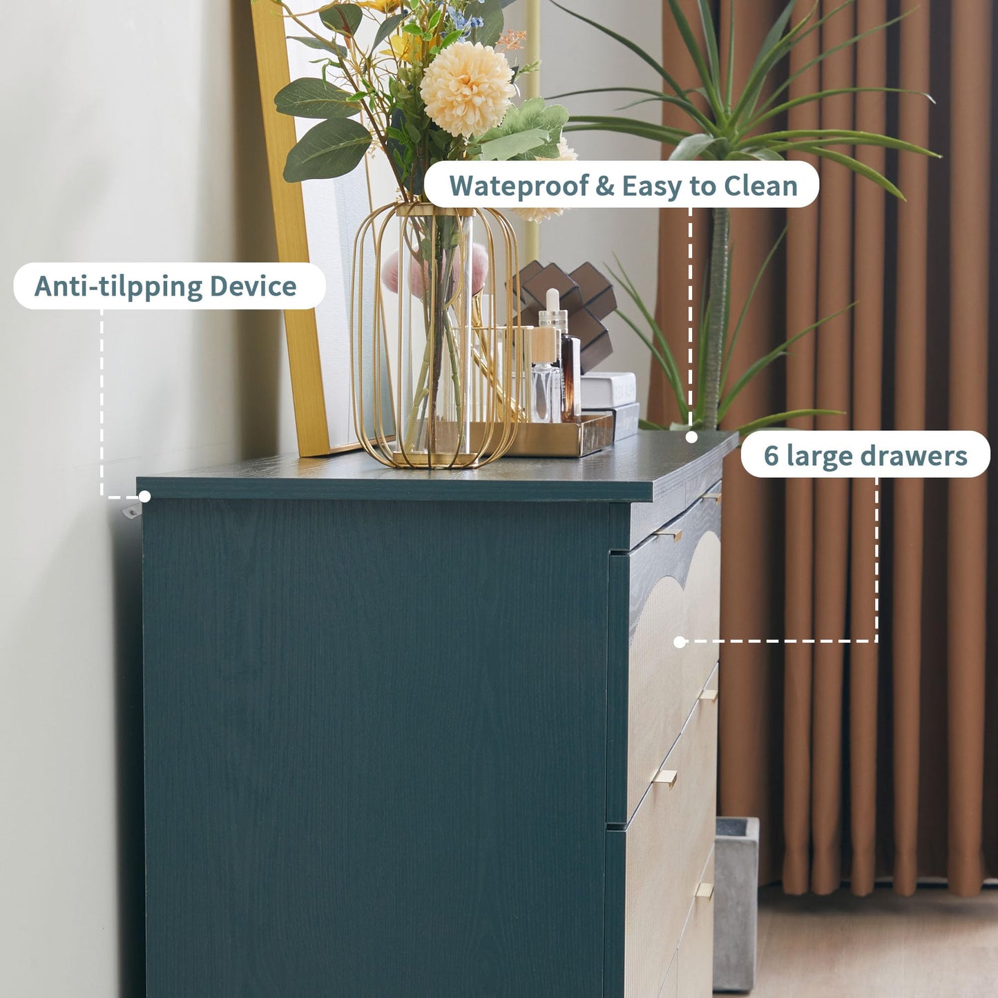 Janmer Home Fluted 6 Drawers Dresser for Bedroom, Mid Century Modern Dresser for Closet & Chest of Drawers, 54 Inch Wood Large Drawer TV Stand for Living Room (Teal, 6 Drawer)