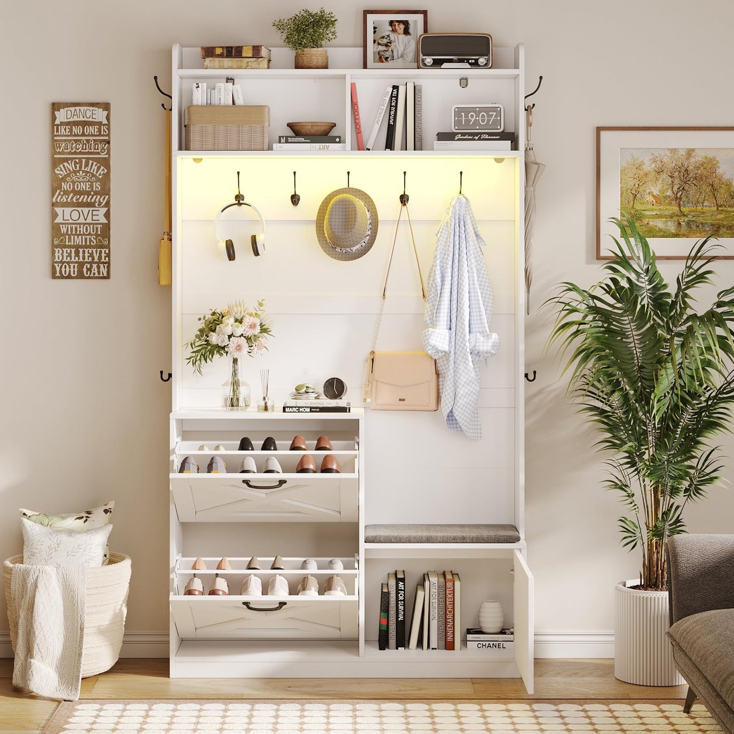 Maupvit Hall Tree with Shoes Storage Bench, Entryway Storage Slim 78" Coat Rack, 9 Hooks & 2 Flip-Drawers Shoe Cabinet, Adjustable LED Sensor Light, Space-Saving for Small Apartments, Mudroom