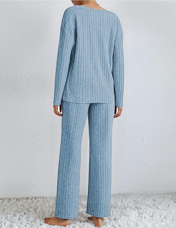 Ekouaer Lounge Sets for Women Long Sleeve Knit Ribbed Pajama Sets 2 Piece Casual Loungewear with Pockets