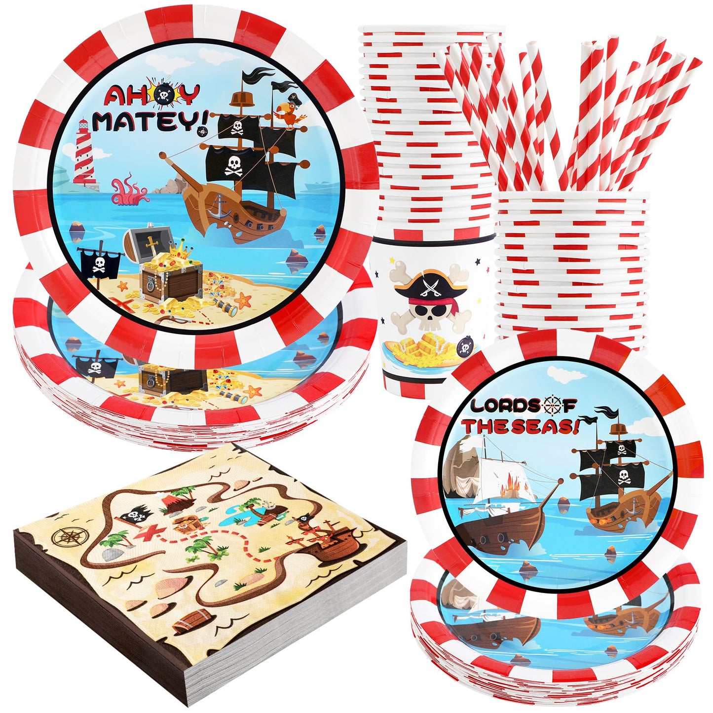 Pirate Birthday Party Supplies Decorations, Pirate Treasure Theme Paper Plates and Napkins Set with Cups and Straws for 24 Guests, 120 Pcs Disposable Party Dessert Dinnerwares