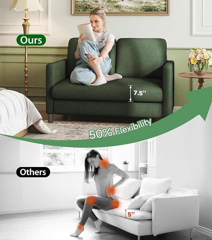Welzona Loveseat Sofa, 51" Love Seat, Comfy Teddy Small Loveseat for Small Spaces, Tool-Free Setup Couch for Bedroom, All-Wood Couches for Living Room, No Pillow Included, Green