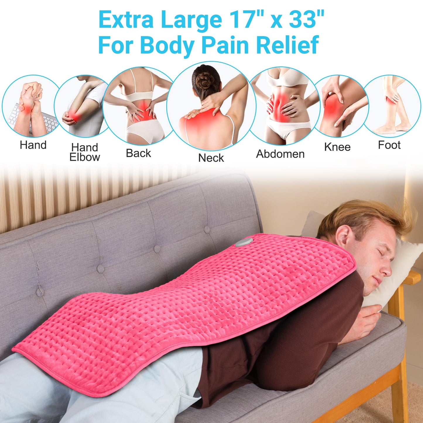Boileau Electric Heating Pad for Back Pain and Period Cramps Relief, 17"x33" Extra Large XXXL, 3 Heating Levels Heat Pad with 2-Hour Auto Shut Off, Gifts for Women and Mom, Pink