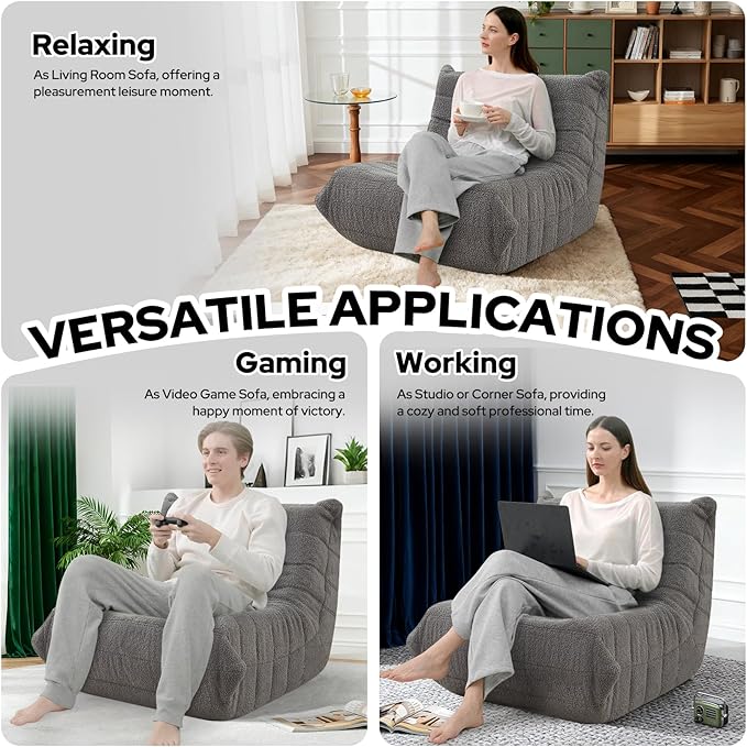 HABUTWAY Bean Bag Chairs Fireside Lazy Floor Sofa, Soft Teddy Fleece Bean Bag Sofa with High-Resilience Foam Filling，Beanbag for Living Room, Bedroom, Office (Dark Grey Teddy)