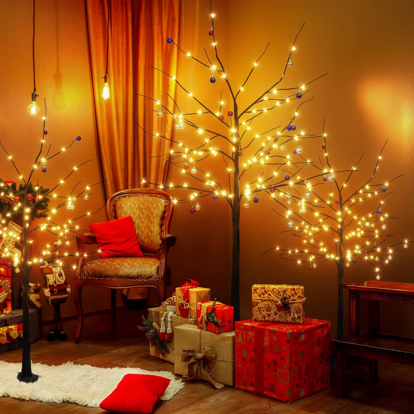 Lighted Birch Tree Set of 3, 4FT 5FT 6FT 200 LED Christmas Birch Tree with Decor Balls for Indoor Outdoor Home Christmas Easter Holiday Decoration