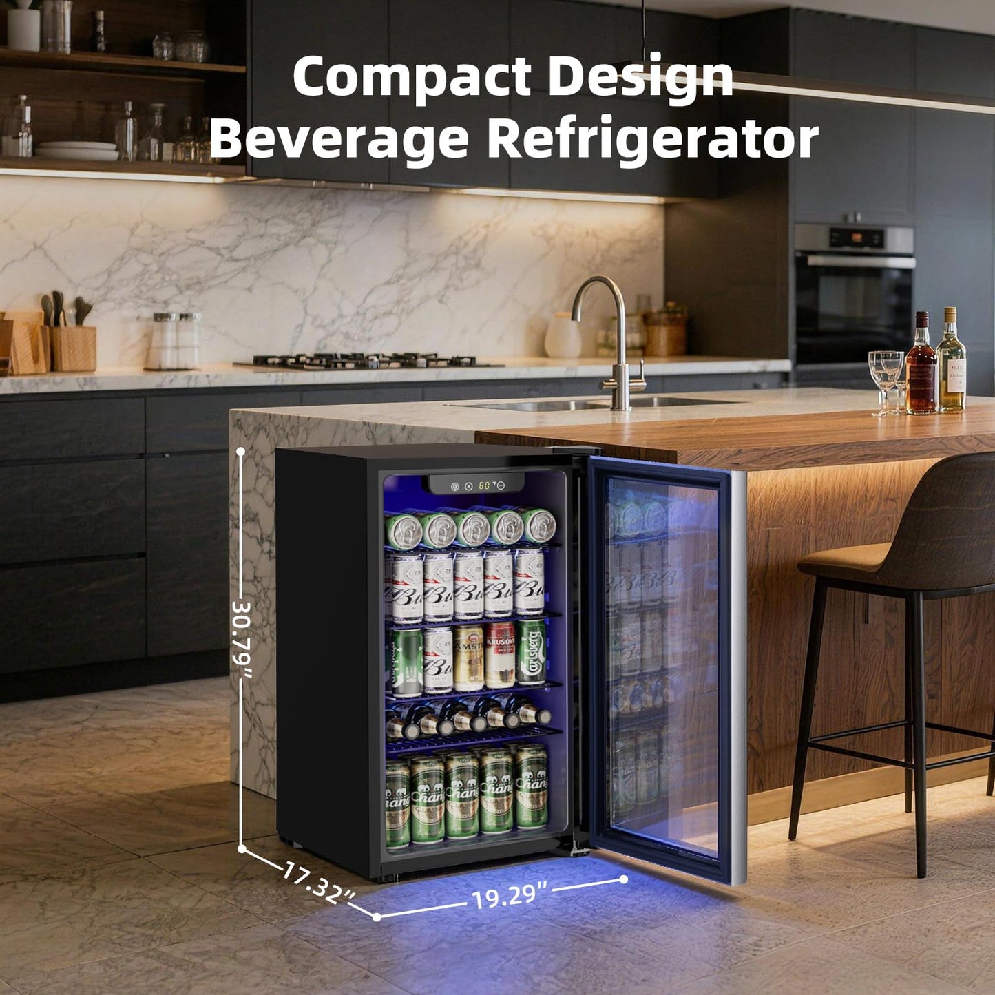 Antarctic Star Mini Fridge -130 Can Beverage Refrigerator CoolerGlass Door for Soda Beer or Wine Constant Glass Door Small Drink Dispenser for Home, Office Bar 3.2cu.ft