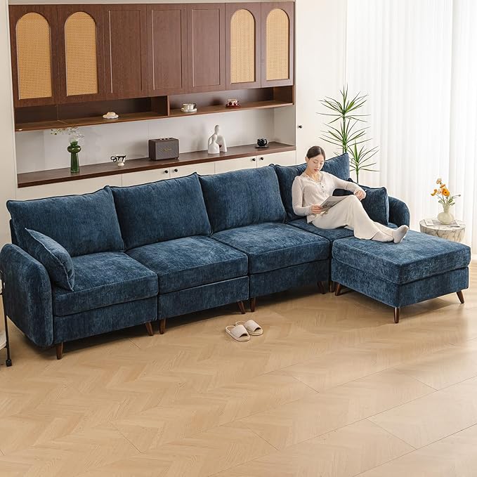 Rexulqo 135'' Modular Sectional Sofa with All Seats Storage, Oversized L Shaped Couch,4-Seater Comfy Cloud Couches with Movable Ottoman,24.5'' Deep Seat,Big Sofas for Living Room,Bedroom,Velet,Blue