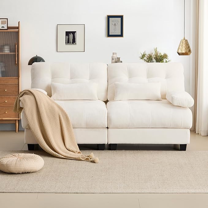 GRAINLLE 67'' Modern Chenille Love Seat Sleeper Cloud Couch Bed,Convertible Cozy Deep Seat Couches with Wide Armrest & Throw Pillows for Living Room,Home,Bedroom(Ivory)