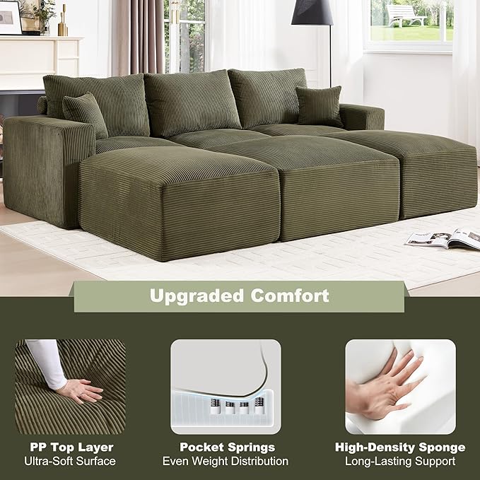 113" Modular Sectional Sofa, Compression Sofa with Deep Seat, Convertible Sofa Bed Couch with Ottoman, Upholstered Couches for Living Room Bedroom,No Assembly Required (Green Corduroy, 113" Sofa Bed)