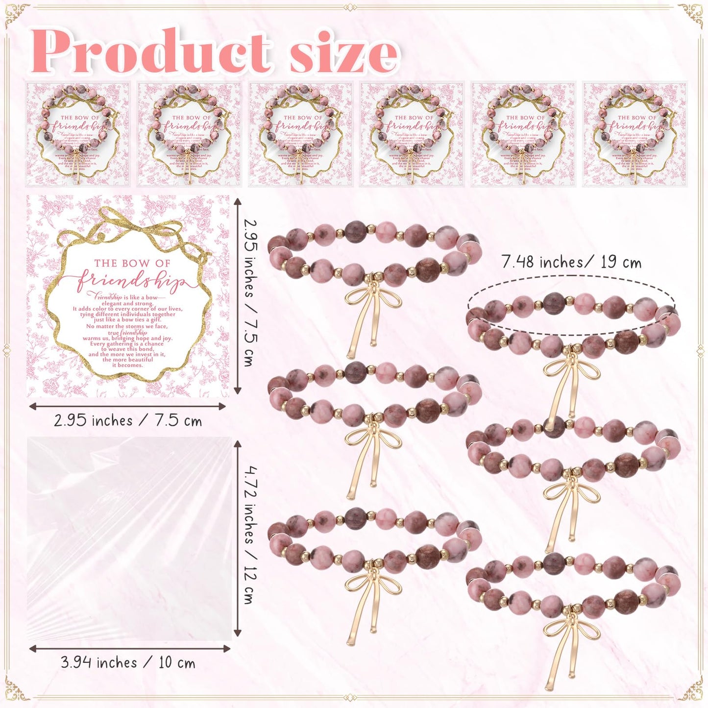 Huquary 12 Set Thanksgiving Friendship Gifts Good Friend Bow Pink Bracelets with Gift Cards Christmas Birthday Jewelry for Women Good Friend Coworker