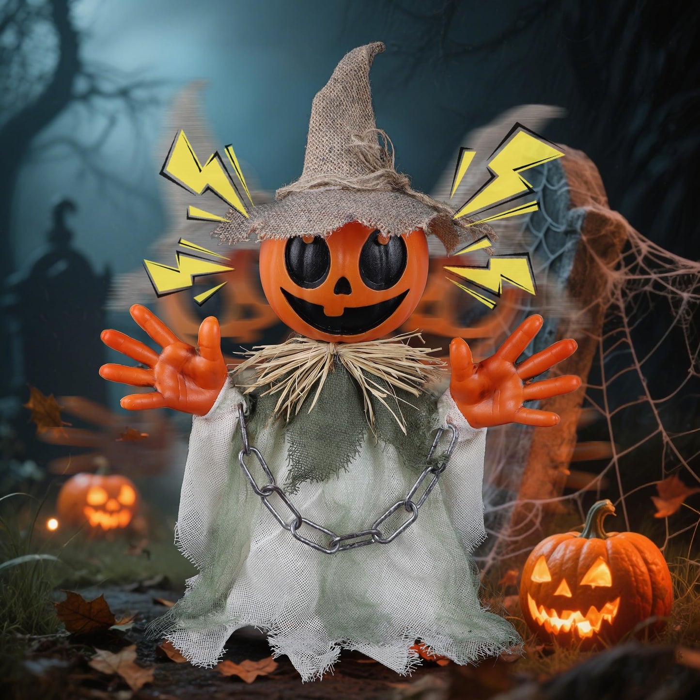 Prsildan Animatronic Halloween Decorations – 16″ Walking Pumpkin Ghost with Sound & Touch Sensor, Scary-Cute Animated Halloween Prop with Spooky Sound for Indoor Home & Outdoor Yard, Lawn Decor