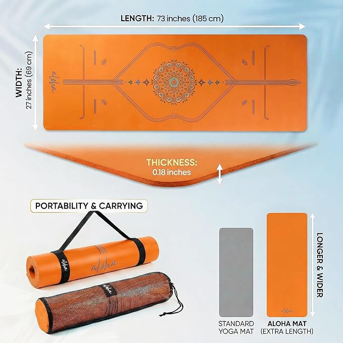Aloha Bliss Premium Yoga Mat – 72” x 27 - Thick, Non-Slip & Durable | Sweat-Resistant, Lightweight & Portable | Perfect for Yoga, Pilates, Home Workouts, Gym & Studio Practice - Eco-Friendly