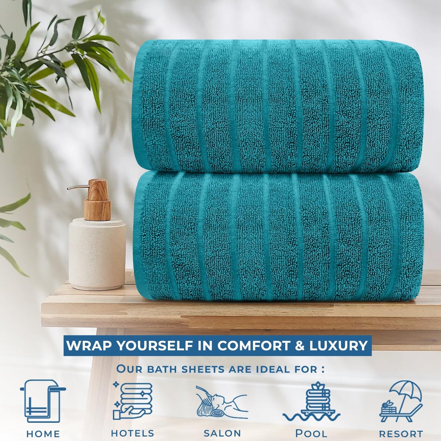 Dan River Pack of 2 Bath Sheet 35x70 Inches, Premium Ribbed Oversized Towels for Adults, Super Soft and Quick Dry - Teal